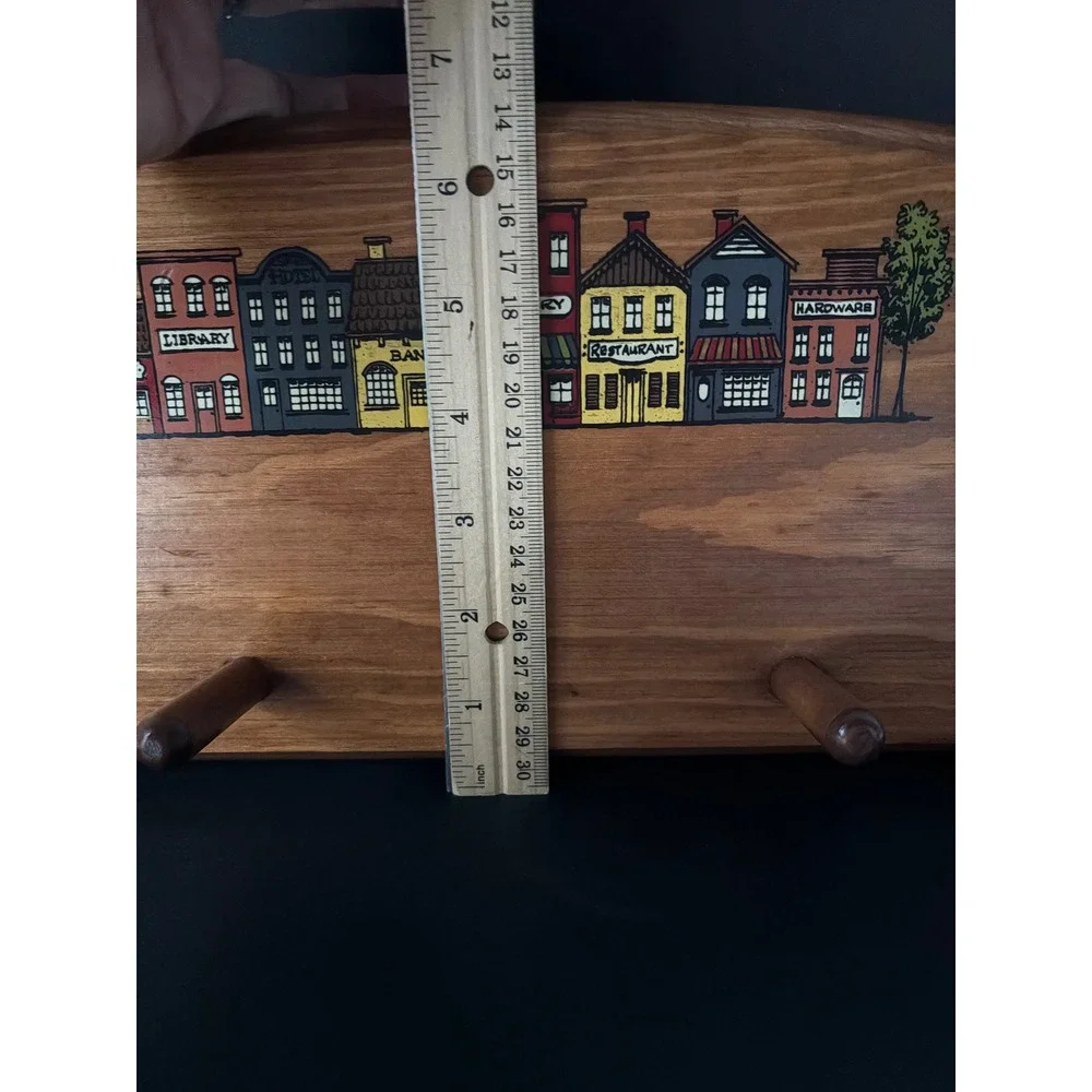 Vintage Wood Wall Rack 4 Shaker Pegs Hand Painted Village Scene Arched 20 Inch